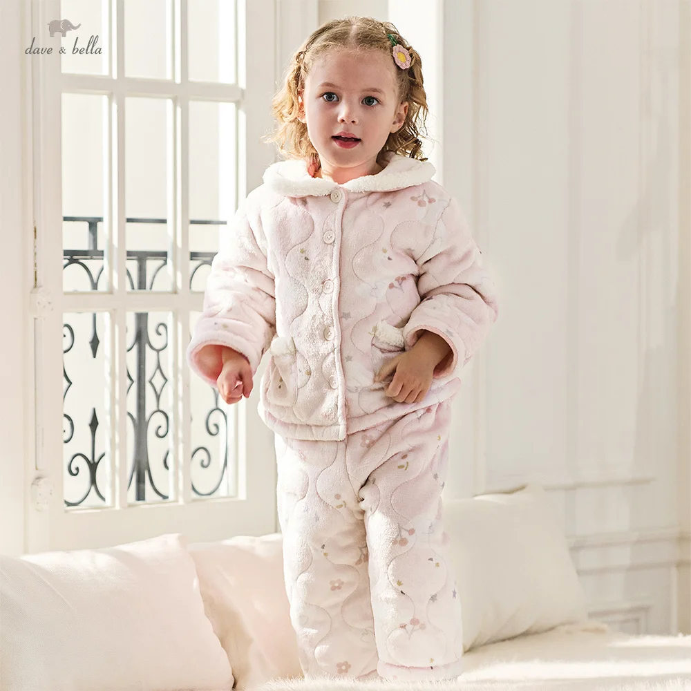 

Dave Bella Детский комплект домашней одежды, зимний комплект из плотного милого топа для девочек, комплект из двух предметов, теплая мягкая пижама, комплект одежды для сна для девочек DB4254780
