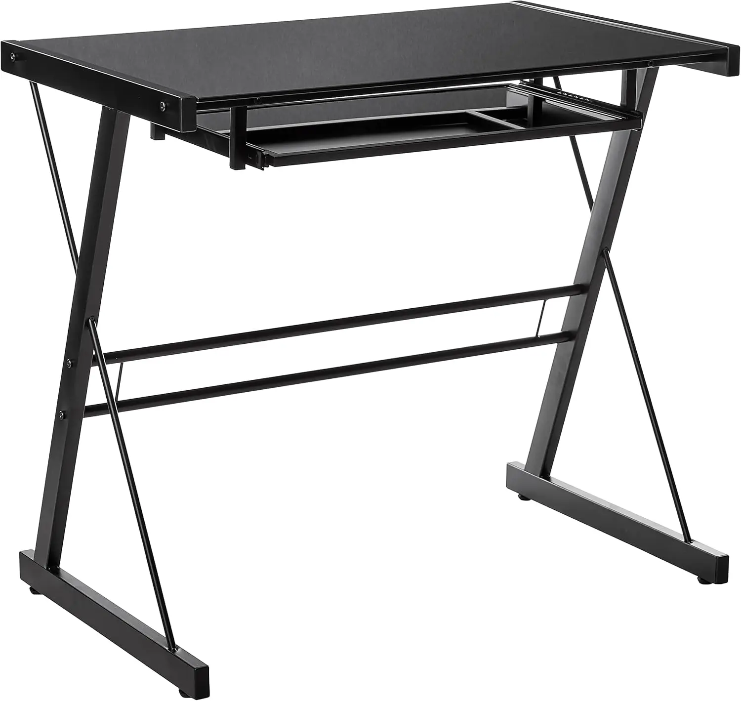 

Modern Small Metal and Glass Computer Gaming with Under Desk Keyboard Tray Black Home Office Desk, 31 inch T action figure Skz