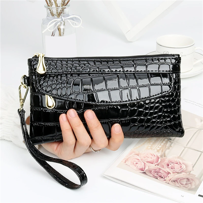 Lackleder Damen-Geldbörsen, Lange Damen-Doppelreißverschluss-Geldbörse, Clutch-Tasche Design, Rote Geldbörse, Krokodil-Optik Geldbörsen