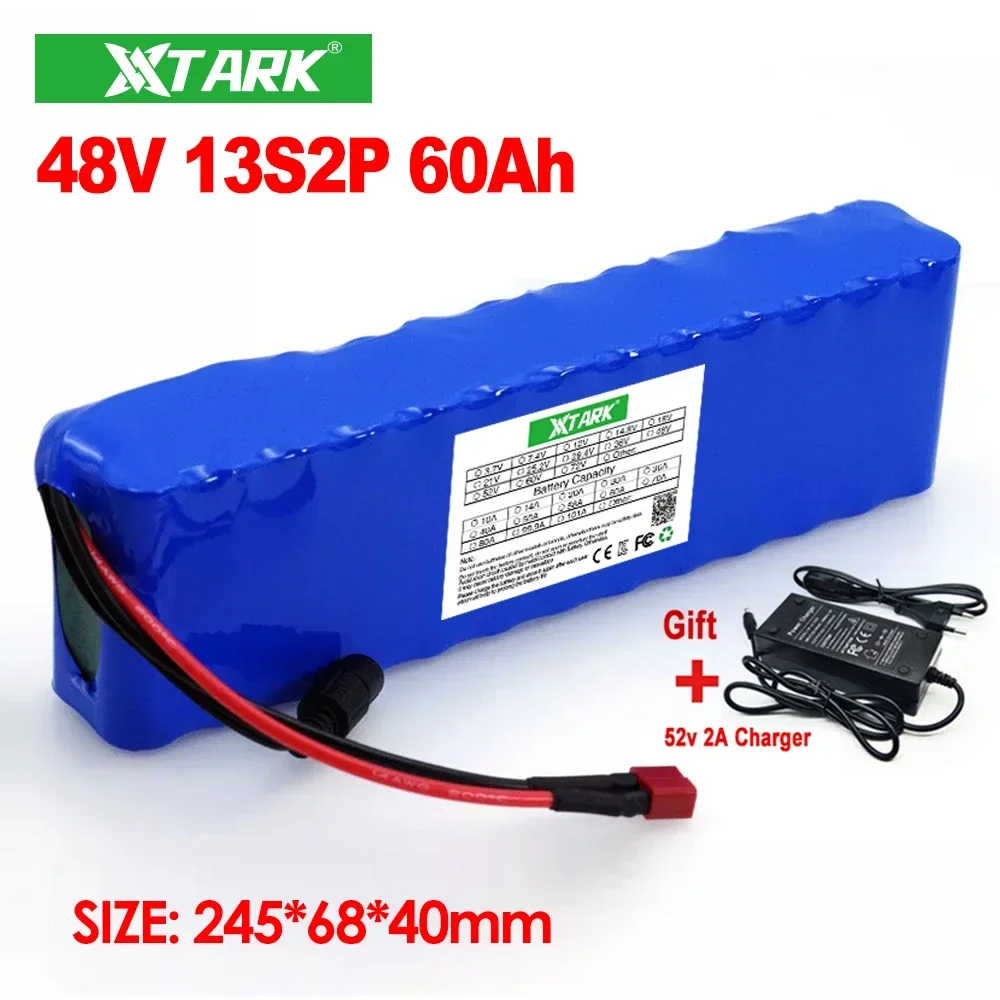 

High Capacity 13S2P 48v 60Ah 18650 Li-ion Battery for Bafang Electric Bike Retrofit Kit 1000w 54.6V 2A Charger + XT60 Plug