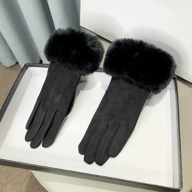 Women Winter Suede Keep Warm Touch Screen Plaid Gloves Fashion Elegant Hairy Wrist Soft Drive Thin Fleece Windproof