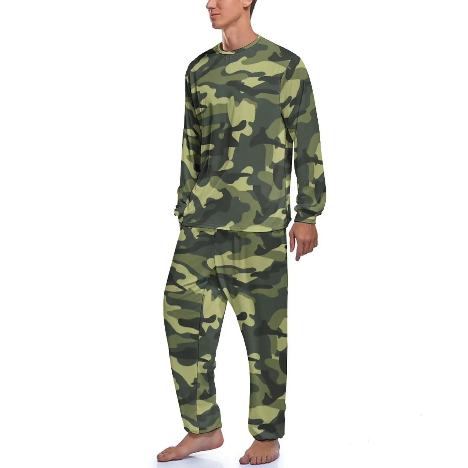 Green Camo Army Pajamas Classic Camouflage Men Long Sleeve Cool Pajama Sets 2 Pieces Sleep Spring Graphic Sleepwear Gift Idea