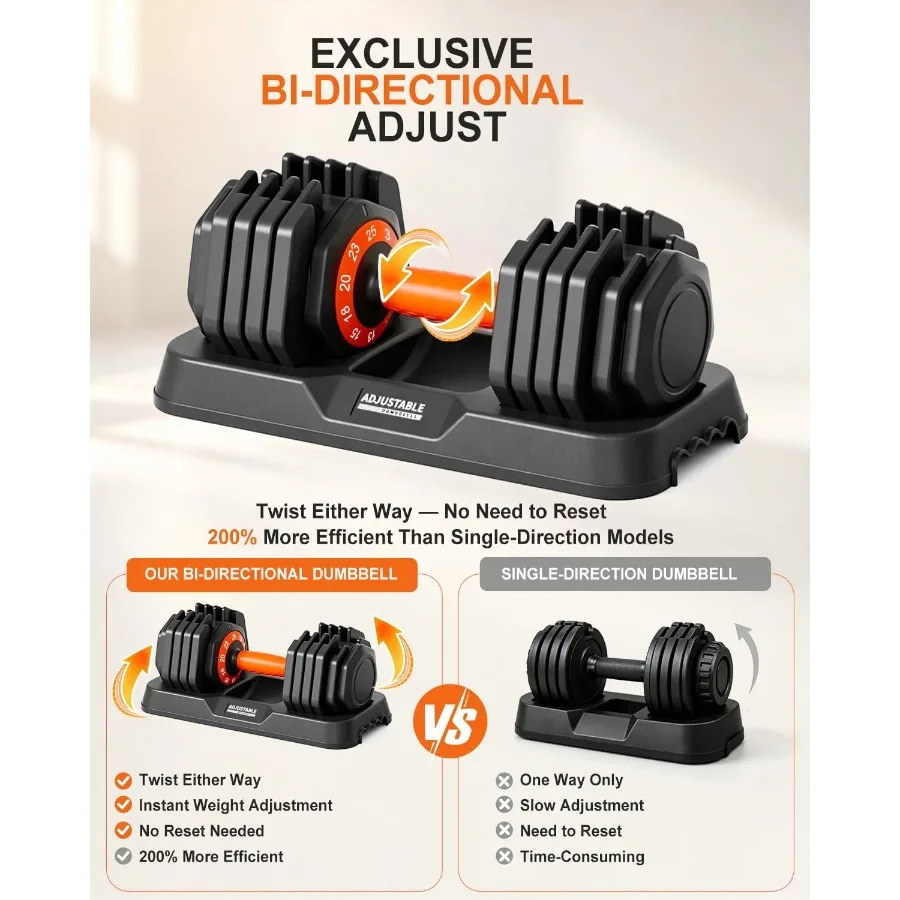 Adjustable Dumbbell Set 25LB/50LB, 10-in-1 Bi-Directional Adjustable Dumbbells, 1 Hand Quick-Dial, No-Roll Dumbbell Set with St