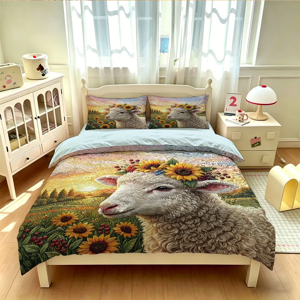 3pcs Sheep Animal Sunflower Print Duvet Cover Set Soft Coreless 1 Duvet Cover 2 Pillowcase Bedding Machine Washable Decoration