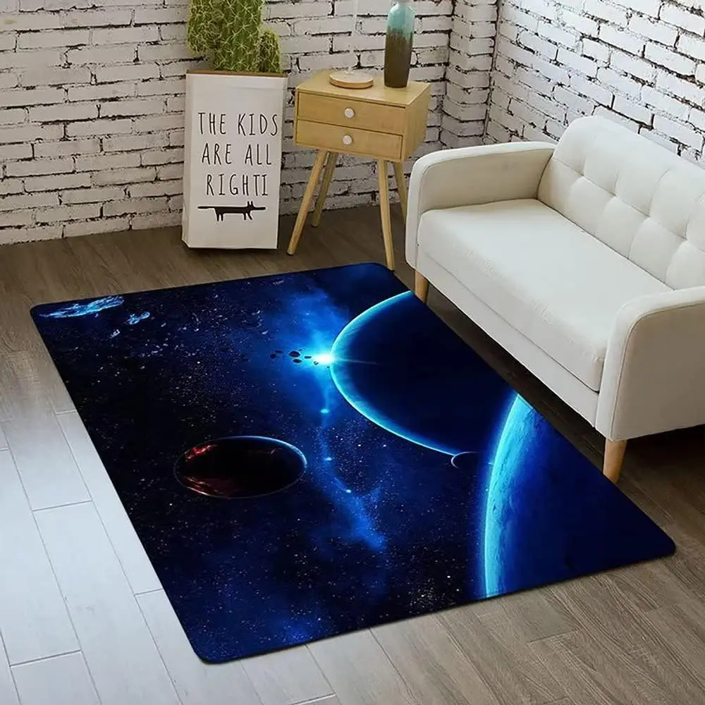 Blue Universe Outer Space Area Rug for Boys Bedroom Planet Printed Throw Rugs Starry Sky Carpets for Living Dining Room Decor