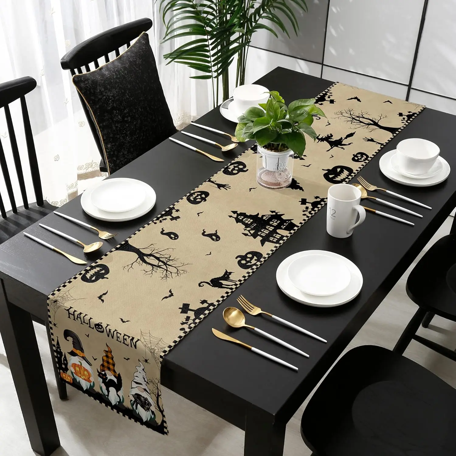 Halloween Witch Gnomes Pumpkin Black Cat Bat Linen Table Runner Home Decor Reusable Kitchen Dining Table Runners Halloween Decor