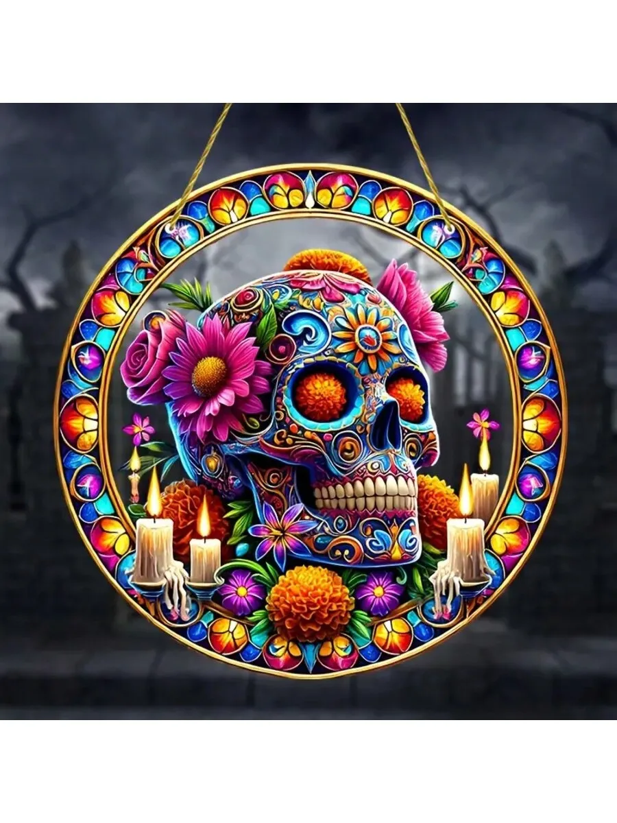 قلادة على شكل جمجمة السكر مقاس 8 بوصة × 6 بوصة، مناسبة لحدائق العائلة - مثالية للاحتفالات يوم الموتى والعطلات