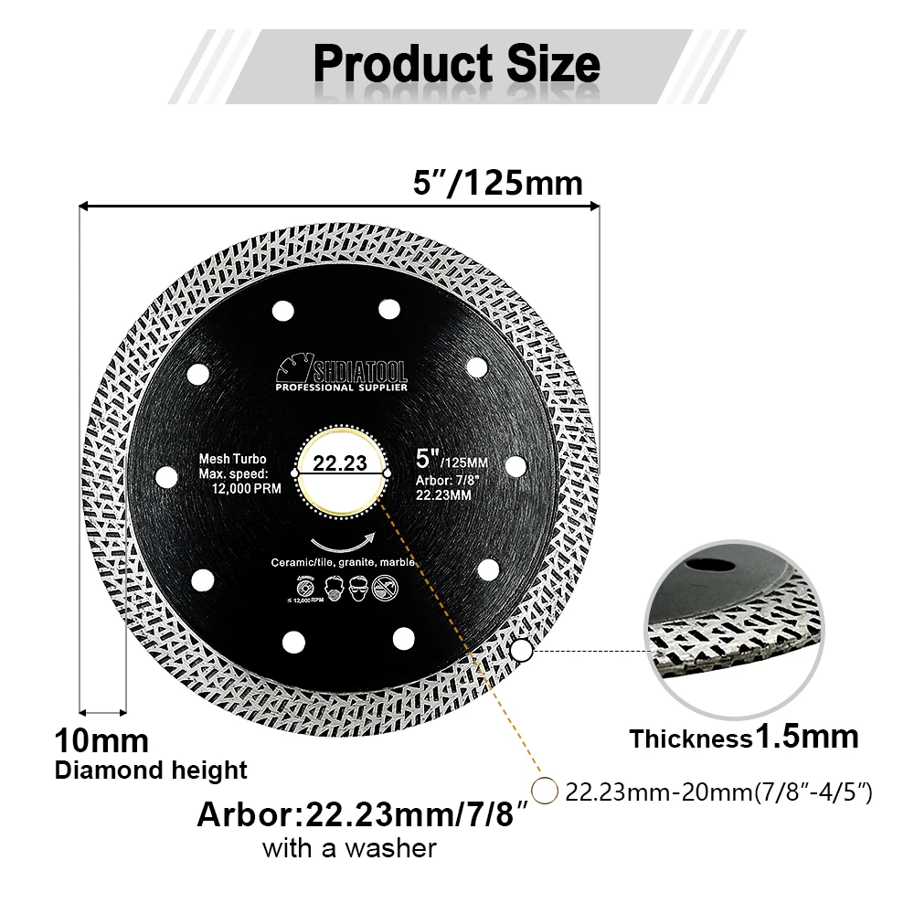 Shdiatool-硬化大理石花崗岩研磨ディスク,5個,直径125mm,ホットプレス,ターボダイヤモンド鋸刃,大理石