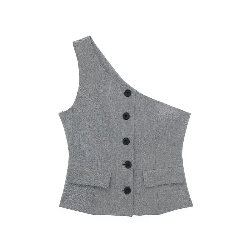 TRAF Asymmetric Waistcoat Women Cropped Sleeveless Jacket Woman Fashion Button Women's Suit Vest Streetwear Short Autumn Jacket