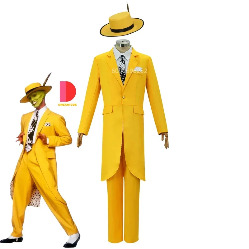 

Hot Sale Halloween The Mask Jim Carrey Yellow Suit and Mask Cosplay Costume Male Role Play Outfit New Halloween Party Costume