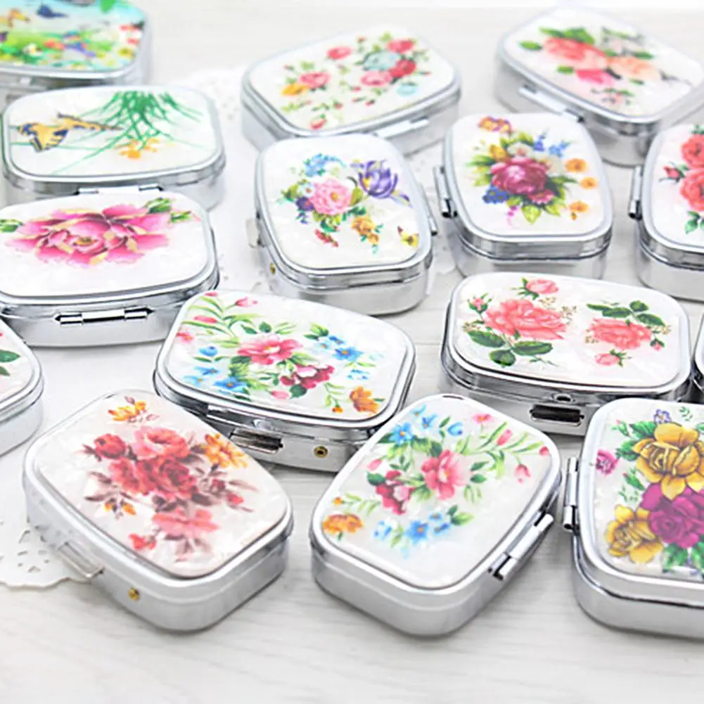 Great Pill Box  with Mirror Flower Print Metal Pill Box  Moisture-proof Oblong Shape Metal Pill Box