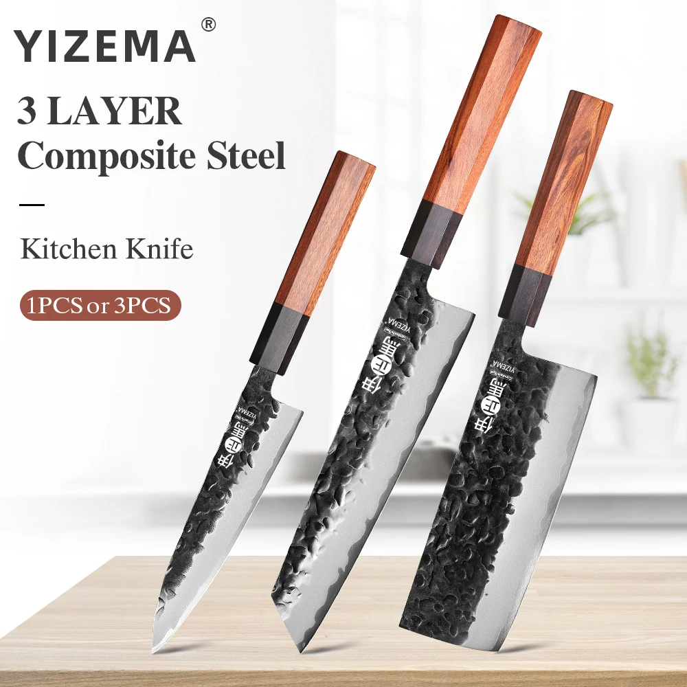 YIZEMA 1PC-3PCS Kitchen Knives Set Utility Nakiri Kiritsuke Bunka Knife Japanese Composite Steel Cleaver Professional Chef Knife
