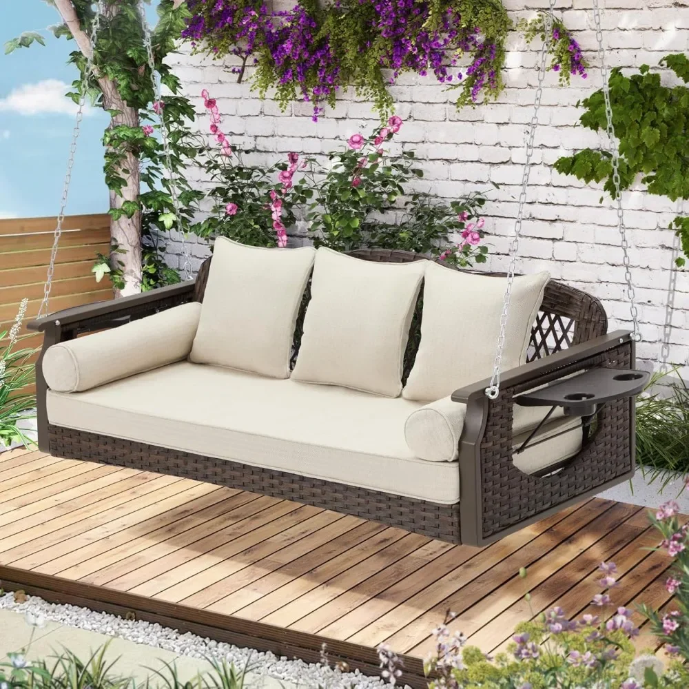 3 Seat Porch Swing, Wicker Patio Swing with Cup Holders & 3 Back Cushions, Yard Swing with Chains for Deck Garden Backyard