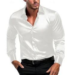 2024 Fashion new men's silky fabric men's business casual shirt office solid color lapel long sleeve shirt