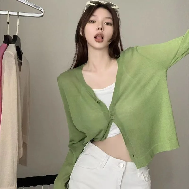 

Women's Long-Sleeved Sunscreen Clothing Summer Thin Knitted Silk Cardigan Short Small Jacket Shawl Versatile Trendy Outerwear