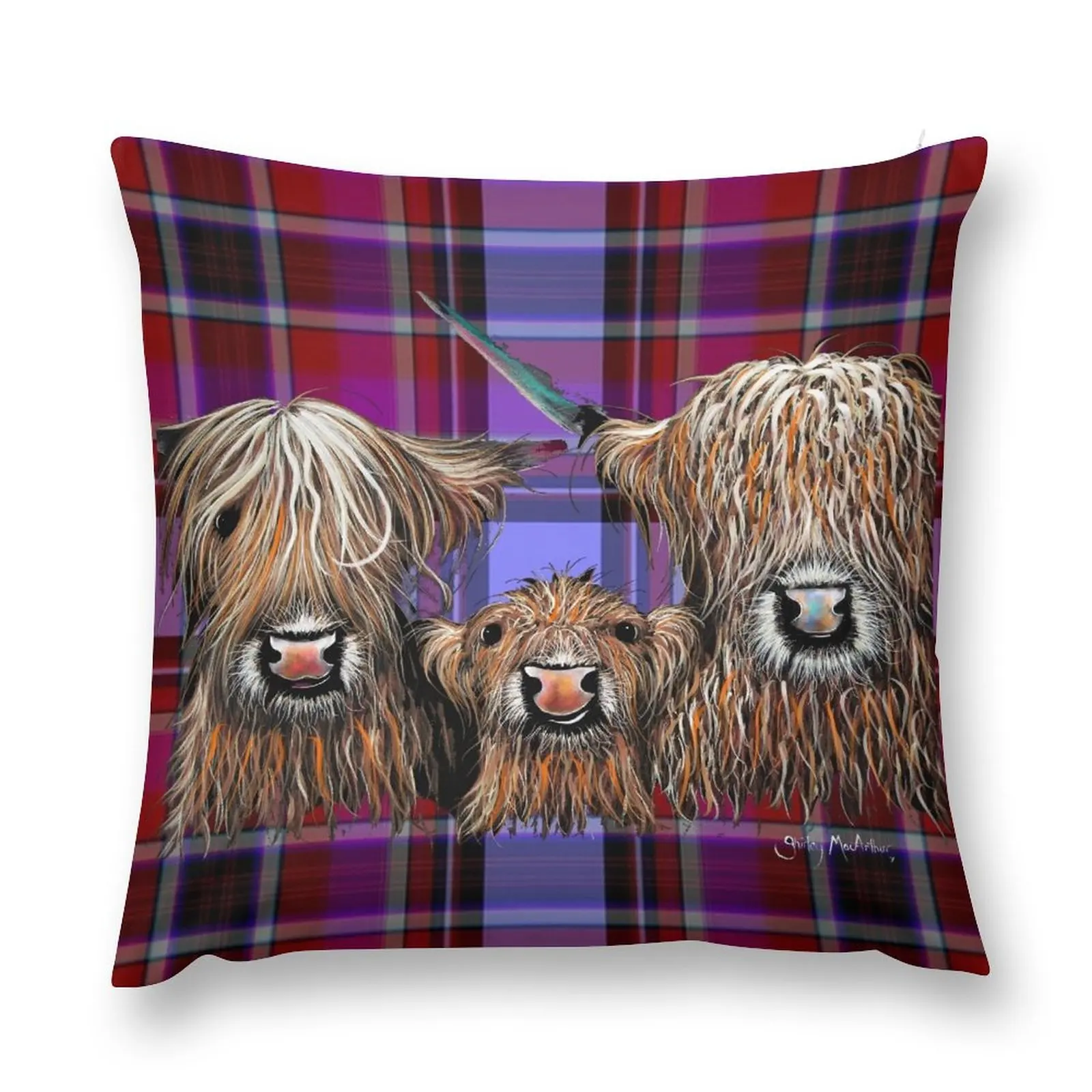 

SCoTTiSH HiGHLaND CoW ' TaRTaN We 3 CooS P ' BY SHiRLeY MacARTHuR Throw Pillow Custom Cushion Photo