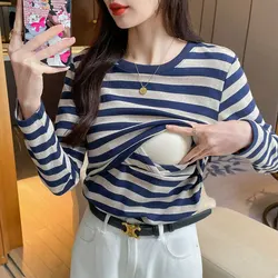 100% Striped Brushed Cotton Maternity Nursing Tees Autumn Winter Slim Soft Long Sleeve Breastfeeding T-shirts Pregnancy Tops