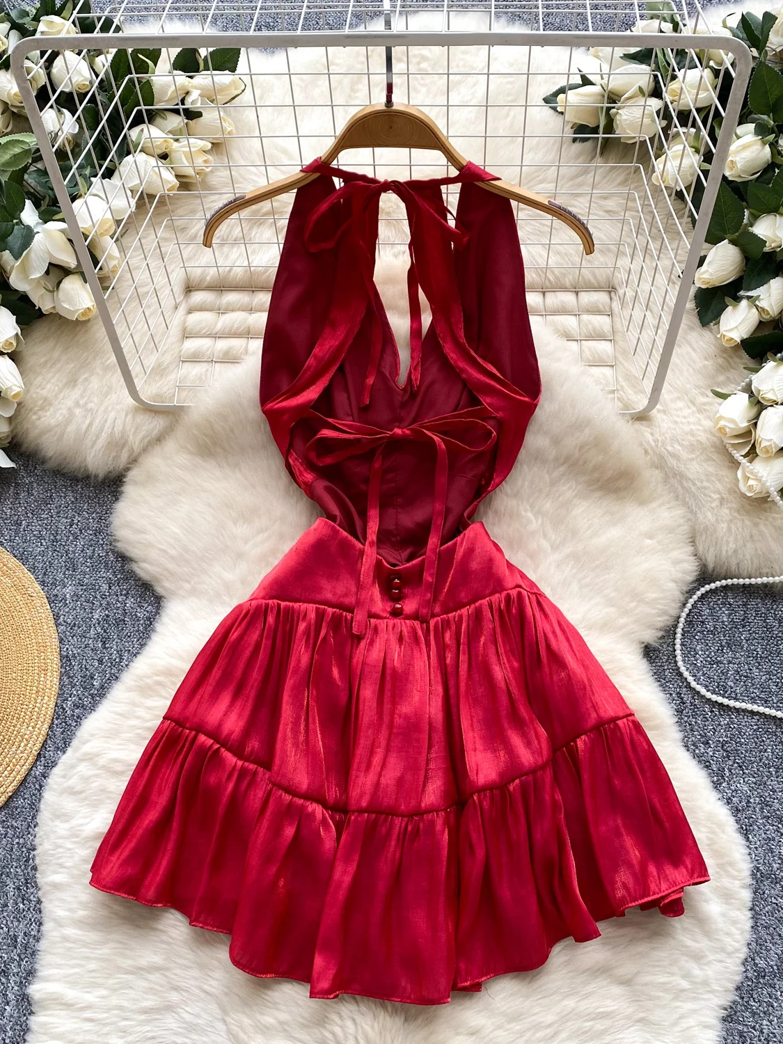 Ele V-Ne Strapl Satin ort Dr Women Summer Slimming Bal Ne Hanging Dr Korean Sle High Waist A-Line S...