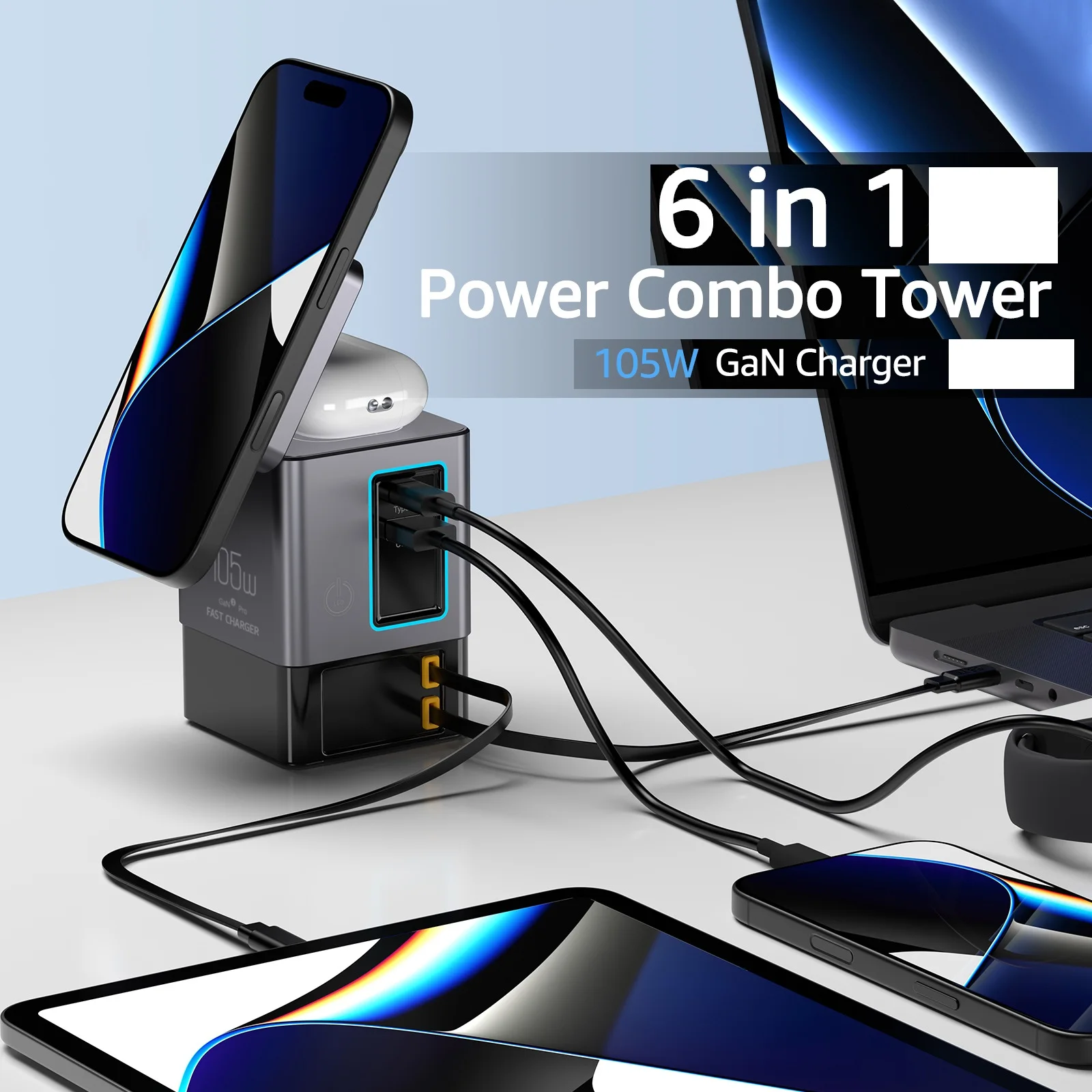 105-W-Ladestation mit einziehbarem USB-C-Kabel, Power Combo, USB-C-Steckdosenleiste für mehrere Geräte, kabelloses Laden, 15 W – Detail 1
