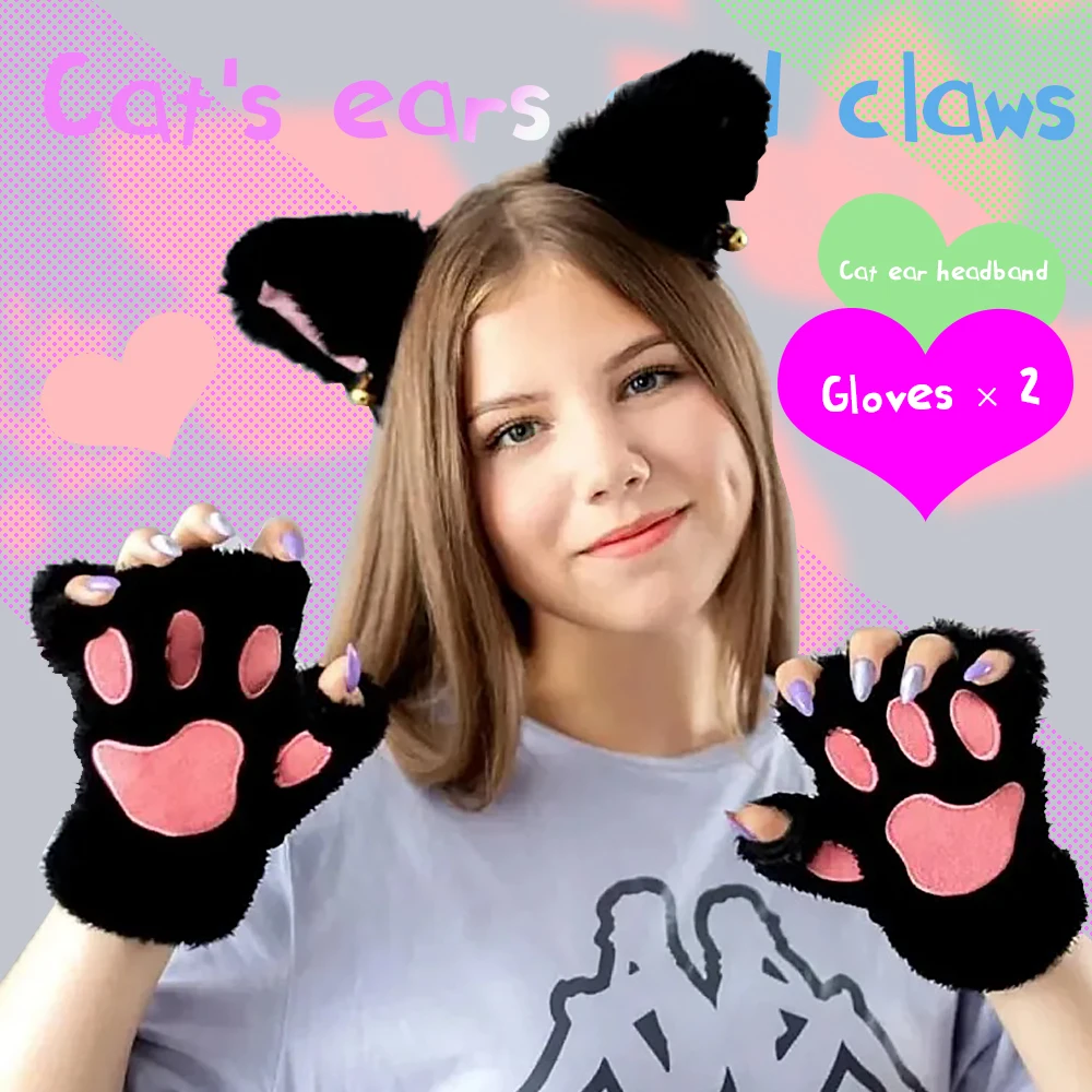 Cat Ear Headband Fingerless Gloves Set Cute Animal Costume Accessories Warm Soft Christmas Gift for Girls
