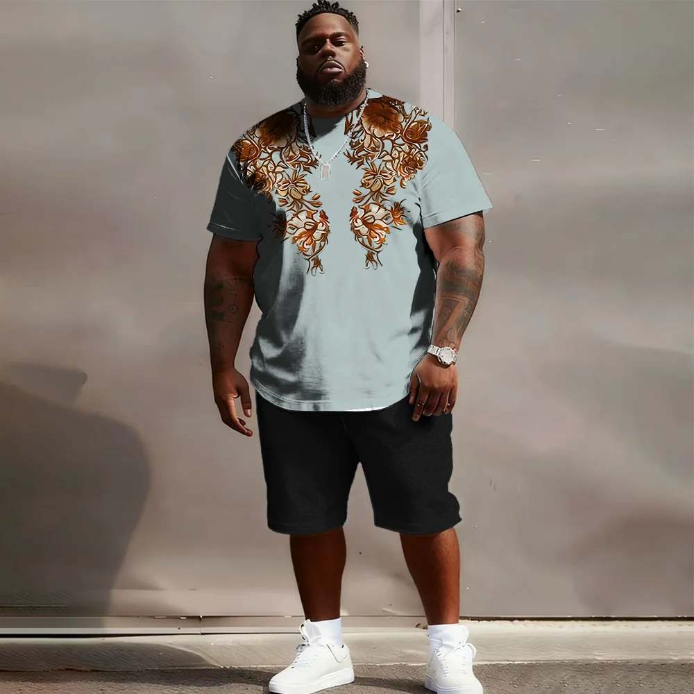

S-9xl plus size Men's Short Sleeve Set: Ethnic Charm - 2-Piece Big & Tall Fit, Breathable Fabric, Soft Folk Motif Prints,