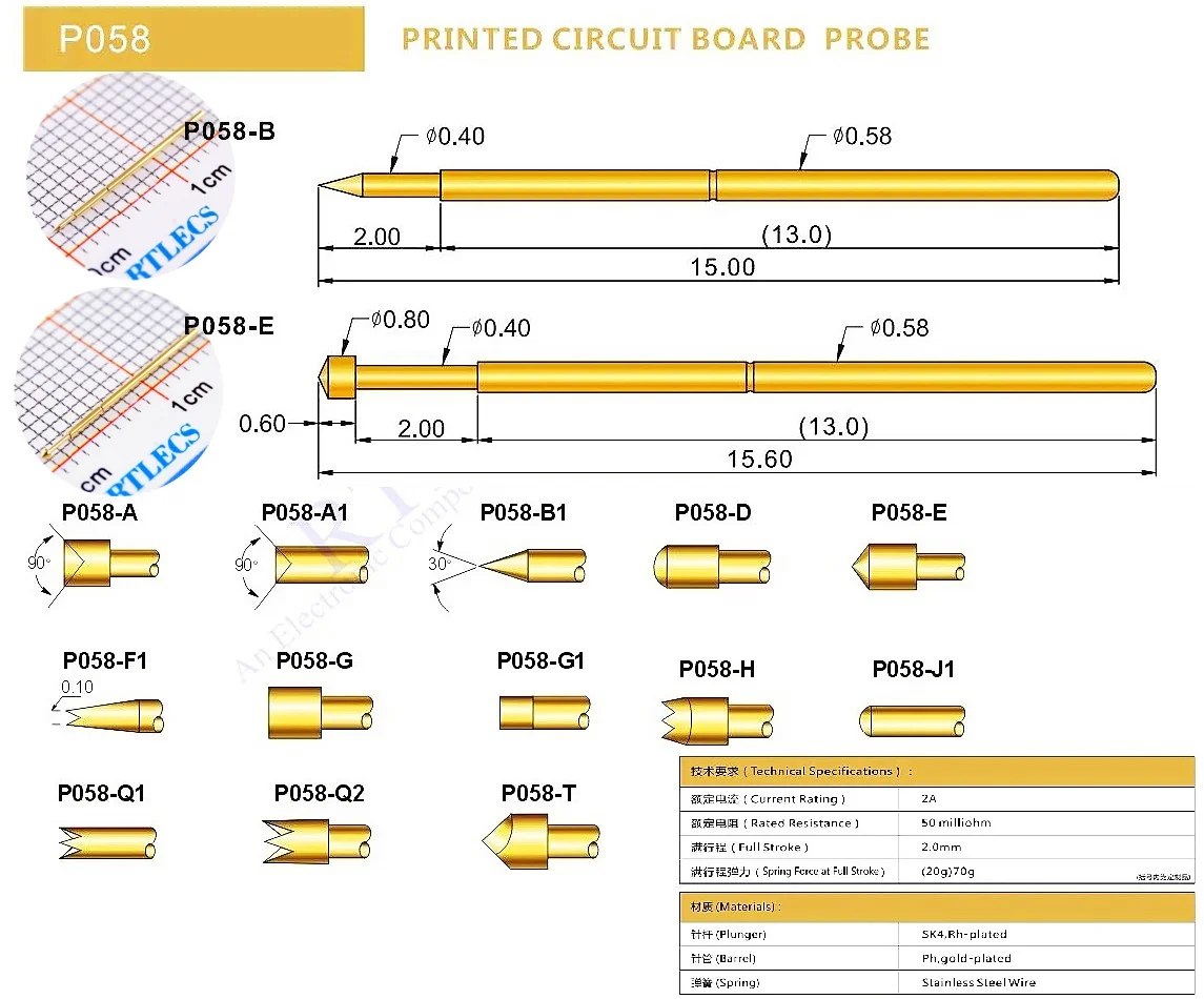 100Pcs 1.0 MM Pitch Min Spring Test Probe P058 Bare PCB Testing Pin 0.58 Dia Gold plated TIP Styles Sockets to Order