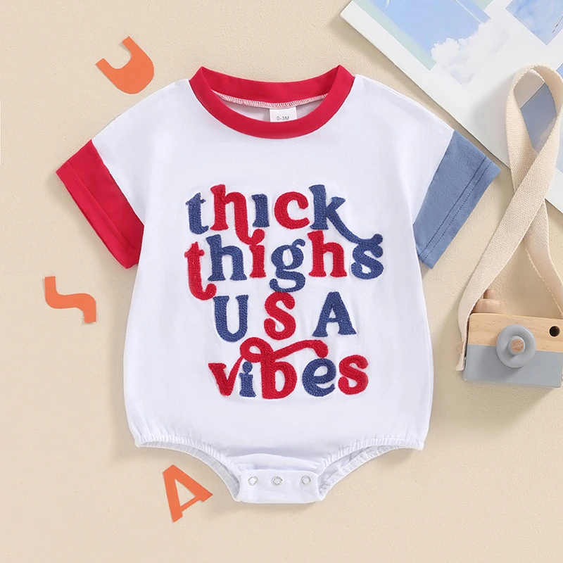 2024-03-18 Lioraitiin Baby Girls Boys Independence Day Romper Short Sleeve Crewneck Letter Embroidery Contrast Color Romper image 2