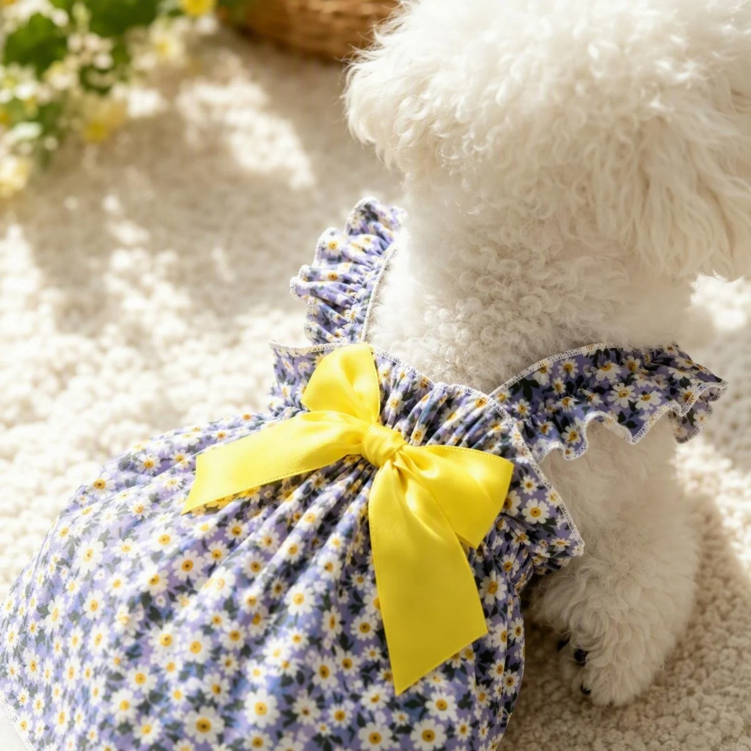 1 Haustierkleid mit Blumenmuster, Rüschenrand und großer Schleife, dünnes ärmelloses Sommerkleid für Welpen