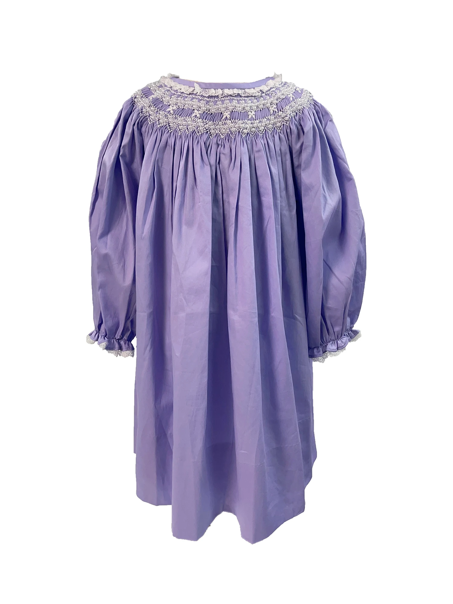 Girls Handmade Smocking Purple Satin Dress Pure Cotton Handmade Embroidery Beaded Long Sleeves and Short Sleeves Princess Dress