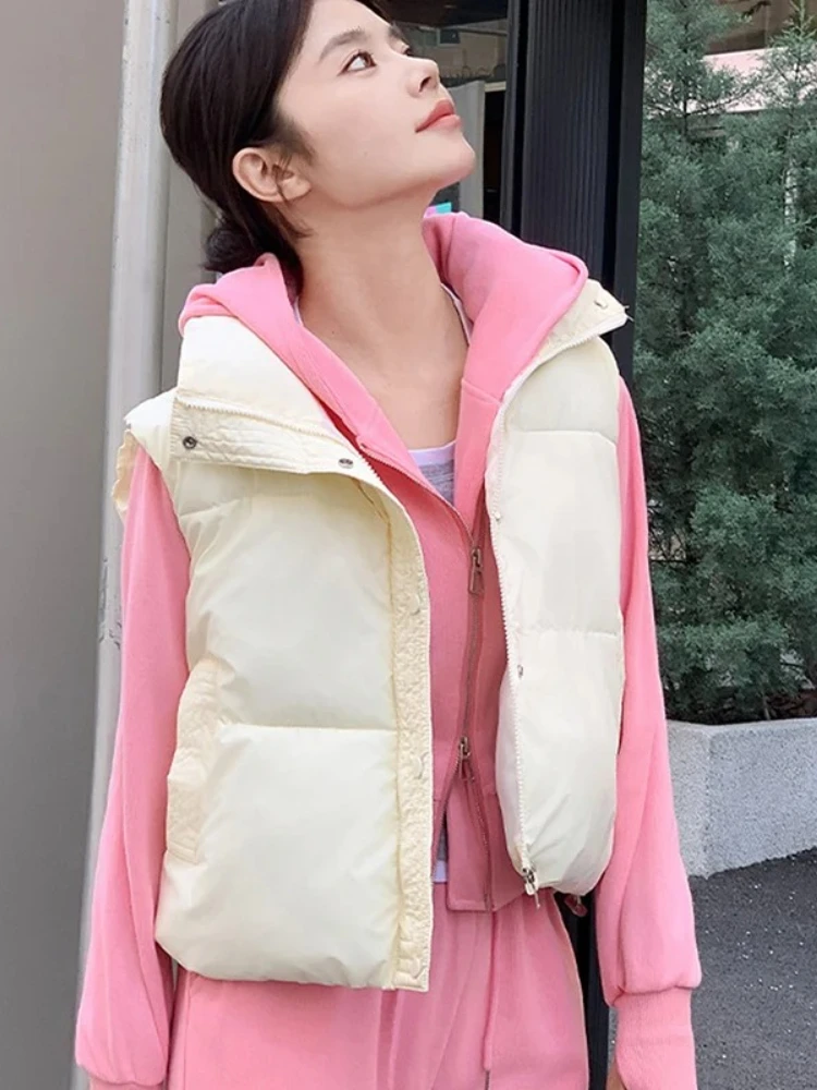 

Winter Short Down Sleeveless Vest Women Warm Stand Collar Zipper Jacket Casual Fashion Quilted Cropped Coats Street Outerwears