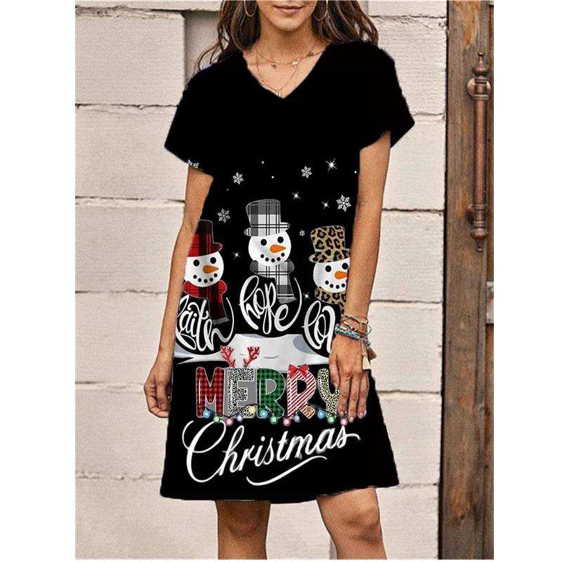 Christmas Party Print Women Dress 2024 New Summer Sexy V-neck Loose Mini Dress Streetwear Casual Snowflake Snowman Ladies Dress