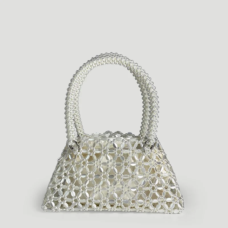 

New retro white HPY shiny hand woven bead jewelry bag, shiny item bag, pearl tote bag, underarm handbag