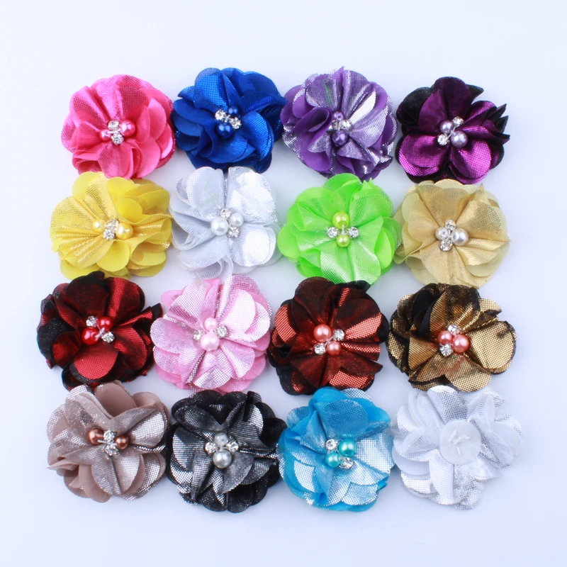 120PCS 5.5CM Fashion Ruffled Metallic Fabric Flowers With Pearls For Hair Clip Lovely Flora Flower For Shoes Apparel Headwear