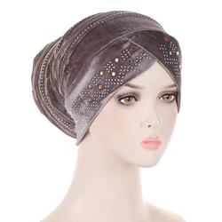 Women Elastic Velvet Drill Hot Head Wrap Hat Headwrap Fashion Strips Turban Cap Accessories Beanies Skullies Hair Loss Headscarf