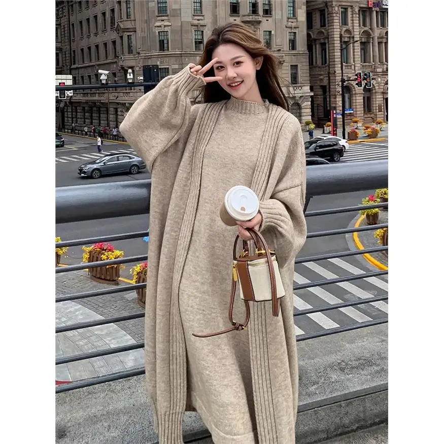 

Мягкий вязаный комплект для женщин: элитный осенне-зимний кардиган средней длины и облегающий свитер, модный комплект из двух предметов