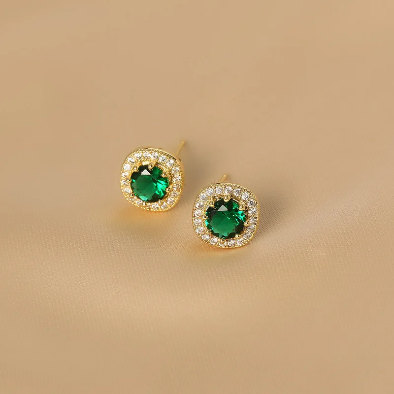Korean 925 Sterling Silver Green Round Zircon Crystal Stud Earrings for Women S925 Wedding Party Jewelry Gift Aretes De Mujer