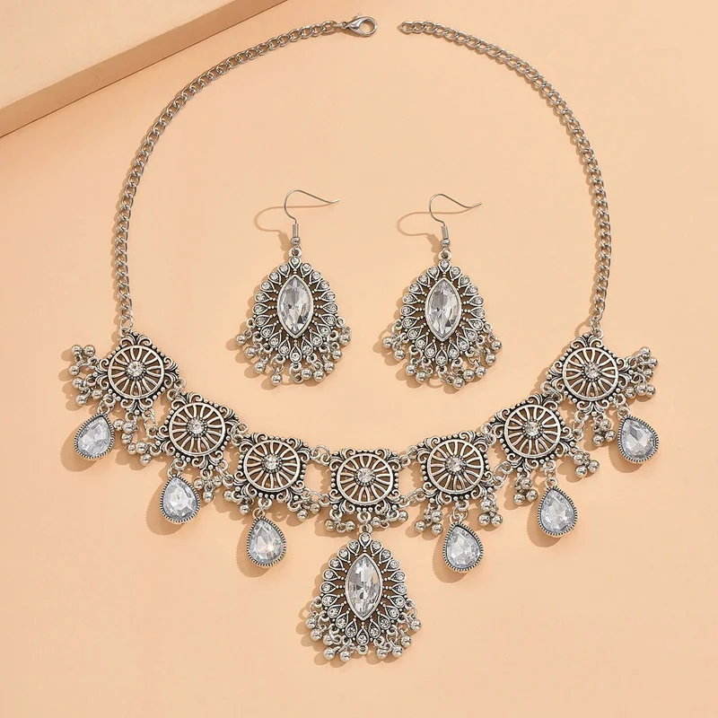 2pcs Vintage Indian Ethnic  Style Jewelry Set For Women Crystal  Inlaid Jewelry Sets  Water Drop Pendant Necklace Earring Set view 5