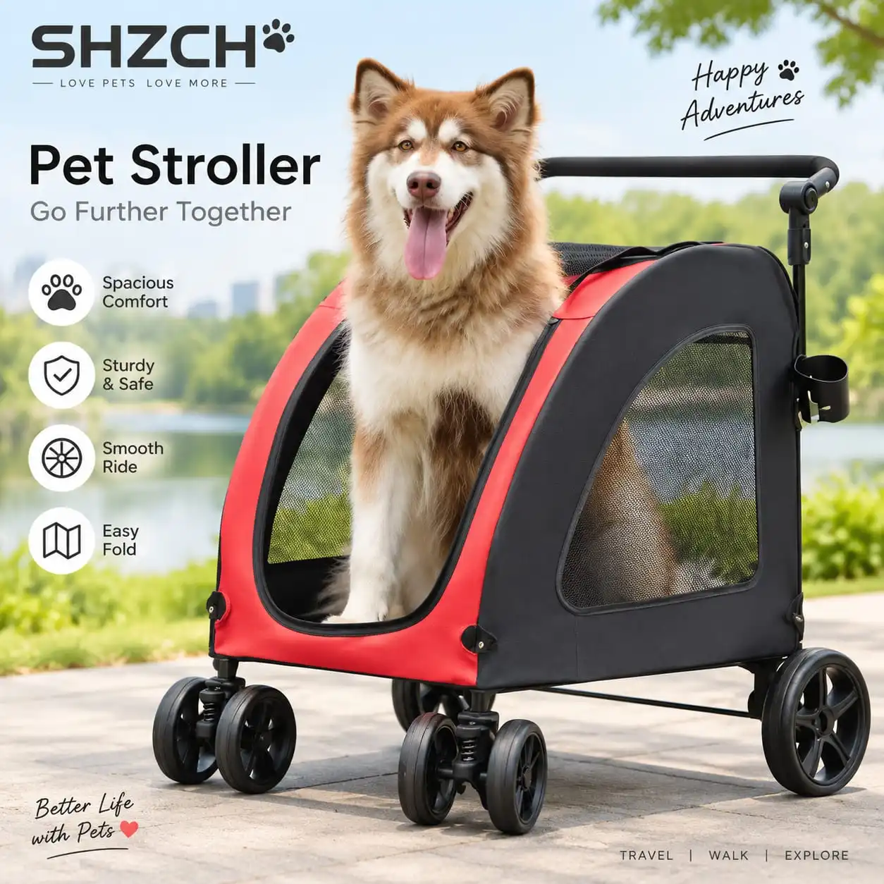 ‌Foldable Dog Stroller for Large Breeds - Convertible Pet Wagon, Travel Cart & Safety Carrier with Ventilated Mesh Design