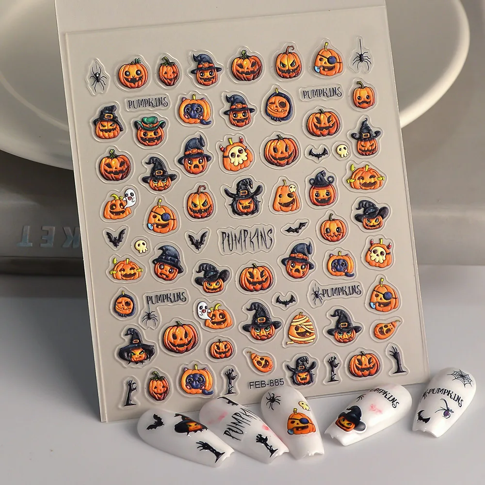 Pumpkin Nail Art Sticker Halloween Witch Hat Spider Acrylic Nail Gel Self-adhesive Sliders Stickers Decorations Manicure FEB-885