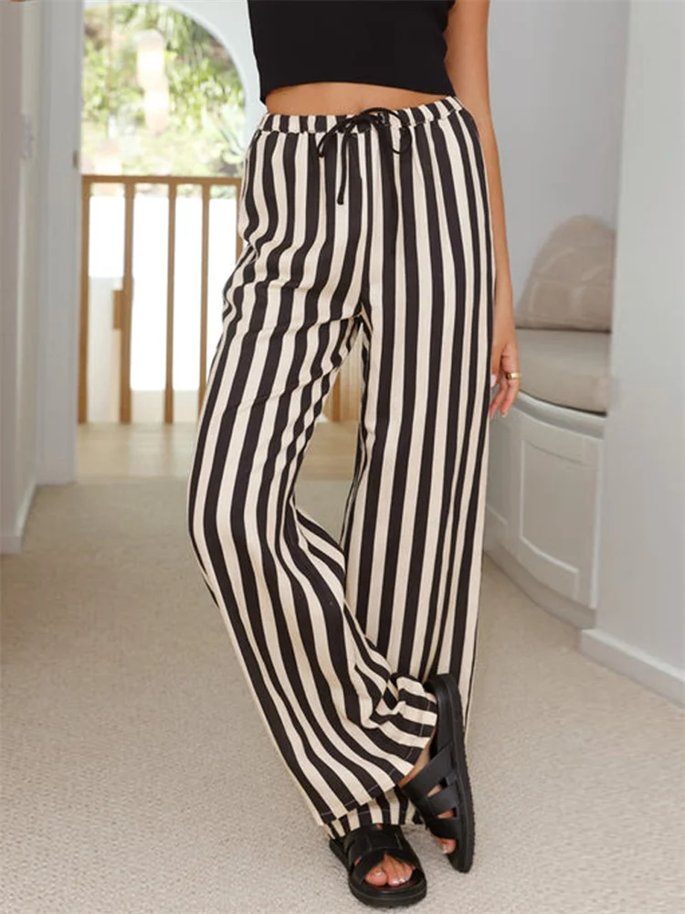 

CHRONSTYLE Fashion Women Spring Summer Baggy Pants Drawstring Waistband Striped Loose Casual Wide Leg Long Pants Streetwear 2024