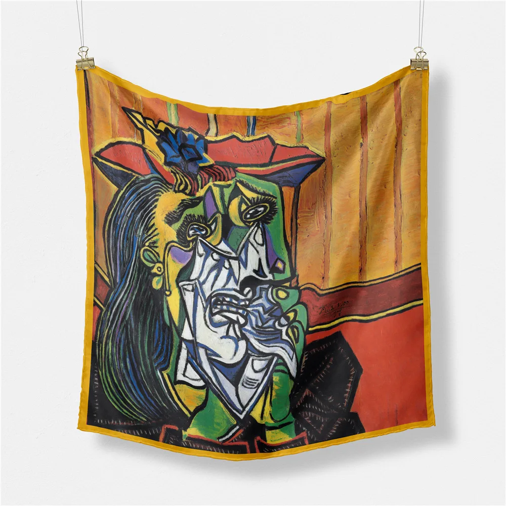 Picasso Oil Painting Fashion Women Scarf Wraps Twill 100% Silk Scarf 53cm Square Scarves Head Scarf Hijab Neckerchief Bandana