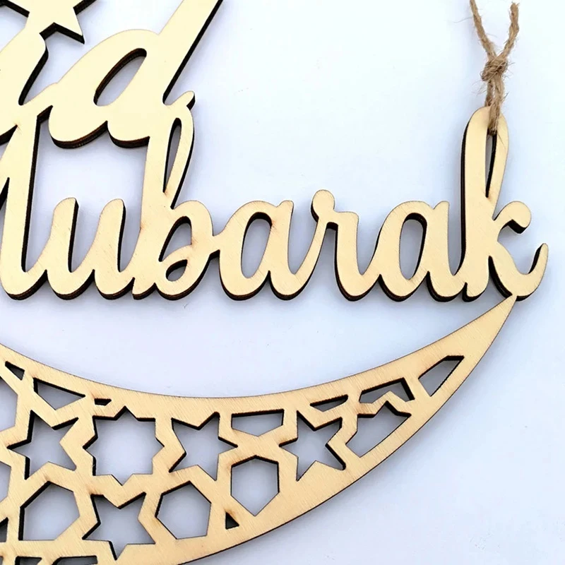 1PCS Ramadan Decoration 2024 Kareem Moon Wooden Hanging Eid Mubarak Muslim Islam Plaque Pendant Mosque Party Festival Supplies