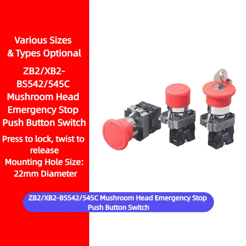 ZB2/XB2-BS542/545C Emergency Stop Push Button Switch Twist Release Elevator Switch NC Silver Contact for Industrial Equipment