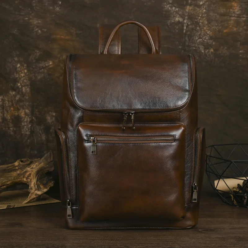 Classy New Men's Leather Backpack with Laptop Compartment and Distressed Look