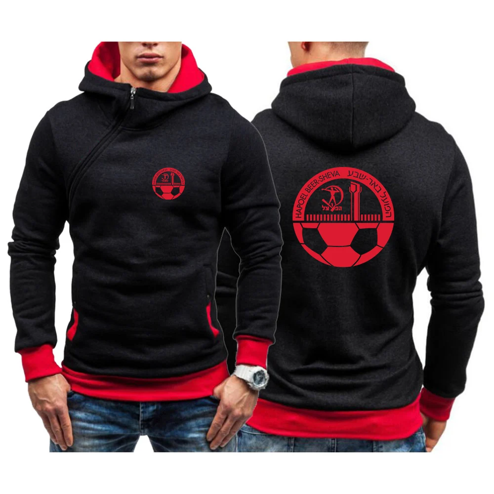 2025 Spring Autumn Men's Hapoel Beer Sheva Logo Print Fashion High-Quality Diagonal Zip Design Slim Long Sleeve Pullover Hoodies