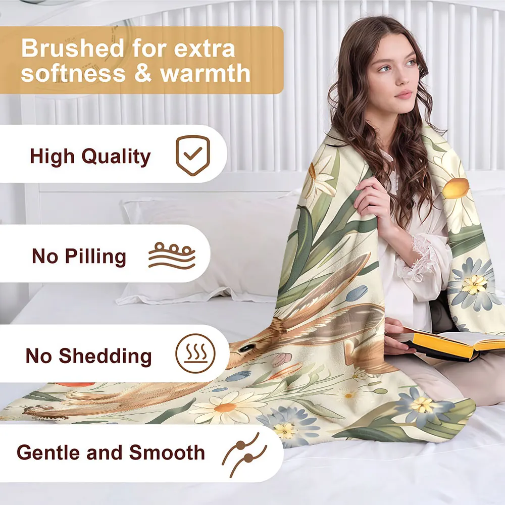 Bunny Floral Print Soft Warm Flannel Blanket Lightweight Cozy Christmas Halloween Home Decor Room