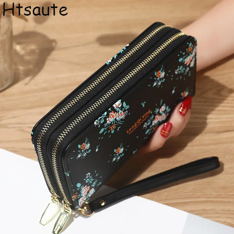 

Trendy Flower Printed Bag Long Wallet Double Zippers Clutch Coin Purse Women's Faux Leather Card Holder With Wristband