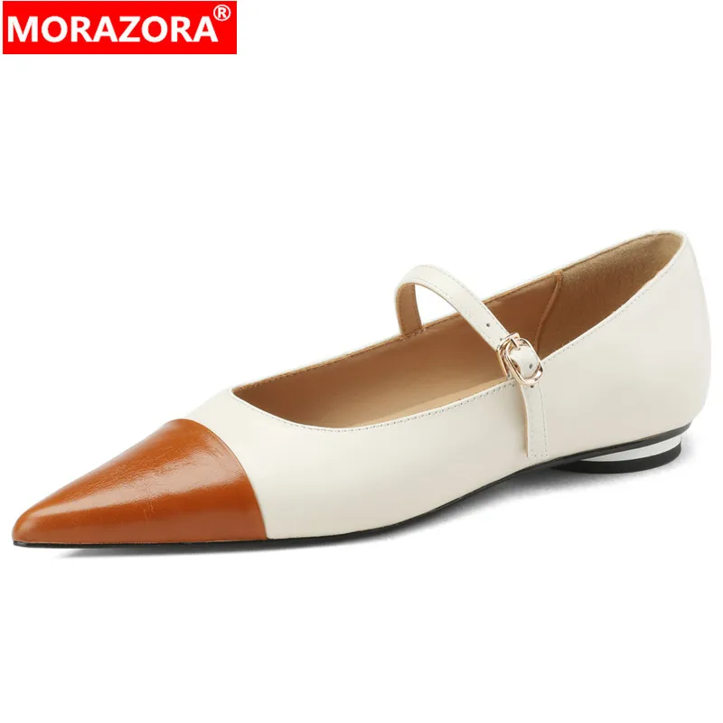 

MORAZORA New Buckle Genuine Leather Shoes For Women 2023 Mary Janes Low Heels Shoes Mixed Colors Ladies Pointed Toe Shoes