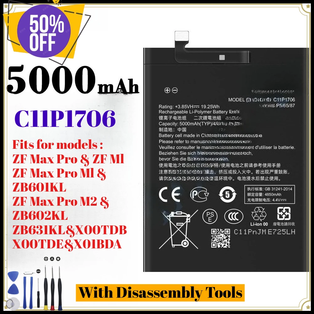 5000mAh Replacement Battery Premium Quality Long Lasting for ASUS ZF Max Pro ZF M1 C11P1706 Durable Cell with Disassembly Tools