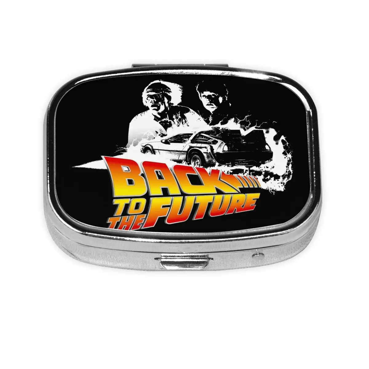 

Custom Back To The Future Square Pills Boxes Science Fiction Film Mini Metal Pill Organizer Medicine Box Dispenser